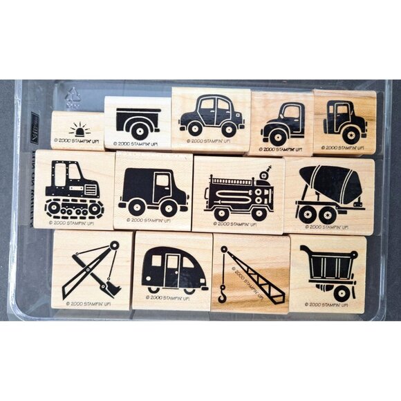 Stampin Up Fun On Wheels Rubber Stamp Set Of 13 Truck Car Tractor Fire Camper - Picture 1 of 5